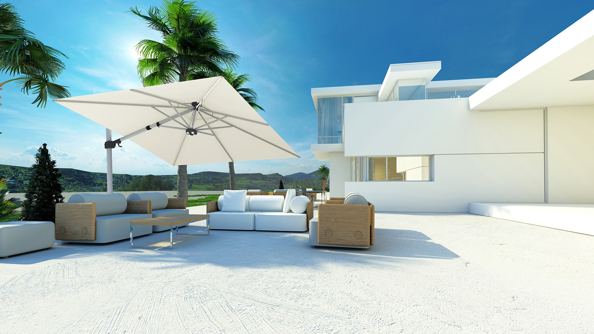Modern outdoor patio with white minimalist furniture and a large flat-style parasol set against a luxury villa.
