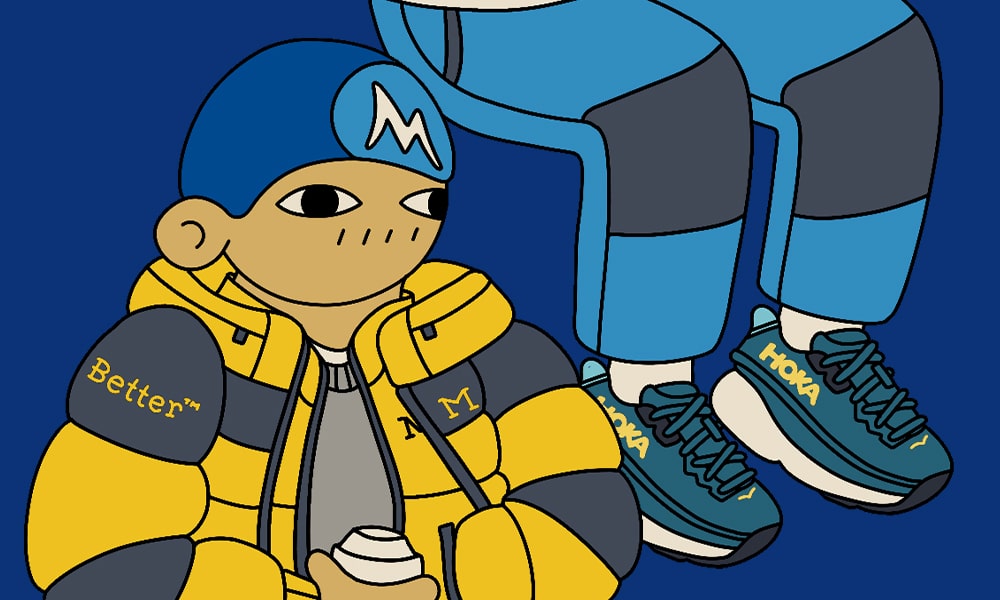 Full view of the cartoon-style illustration showing the complete technical streetwear outfit.