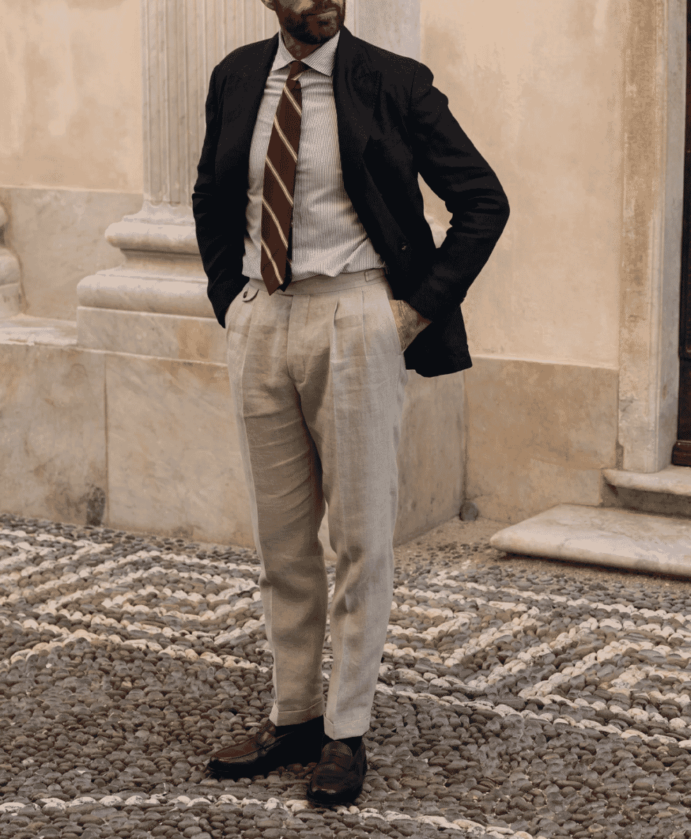 Detail shot of Velasca Salemi Linen Trousers waist and fabric
