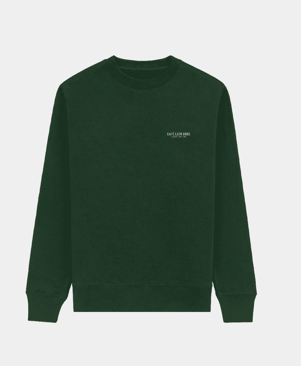 A dark green sweatshirt with 'CAFÉ LEON DORE' embroidered on the chest.