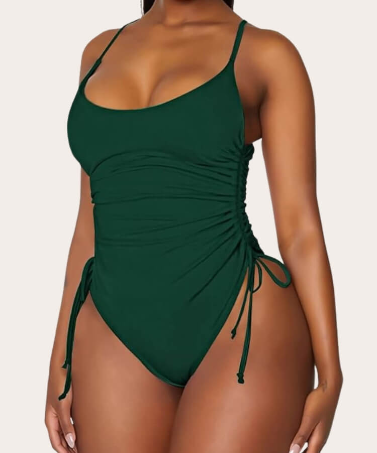 High-cut one-piece swimsuit with ruched stomach panel