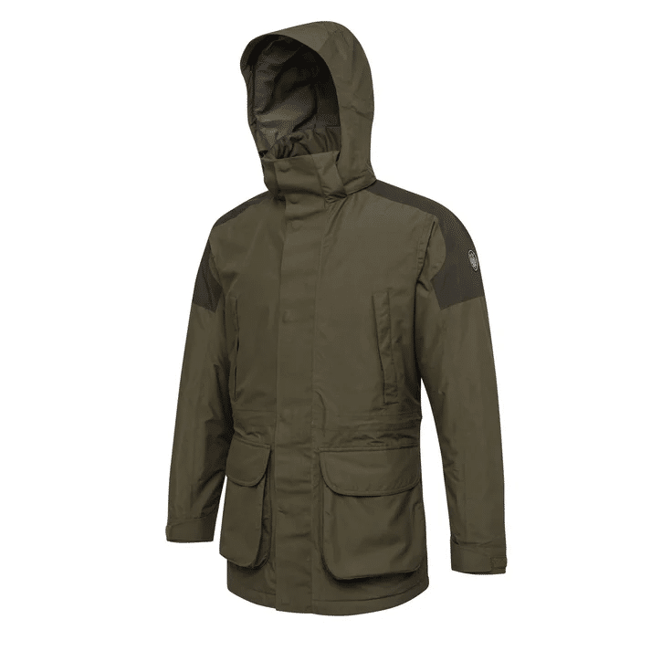 Olive green hooded technical jacket with contrasting shoulder panels and multiple utility pockets.