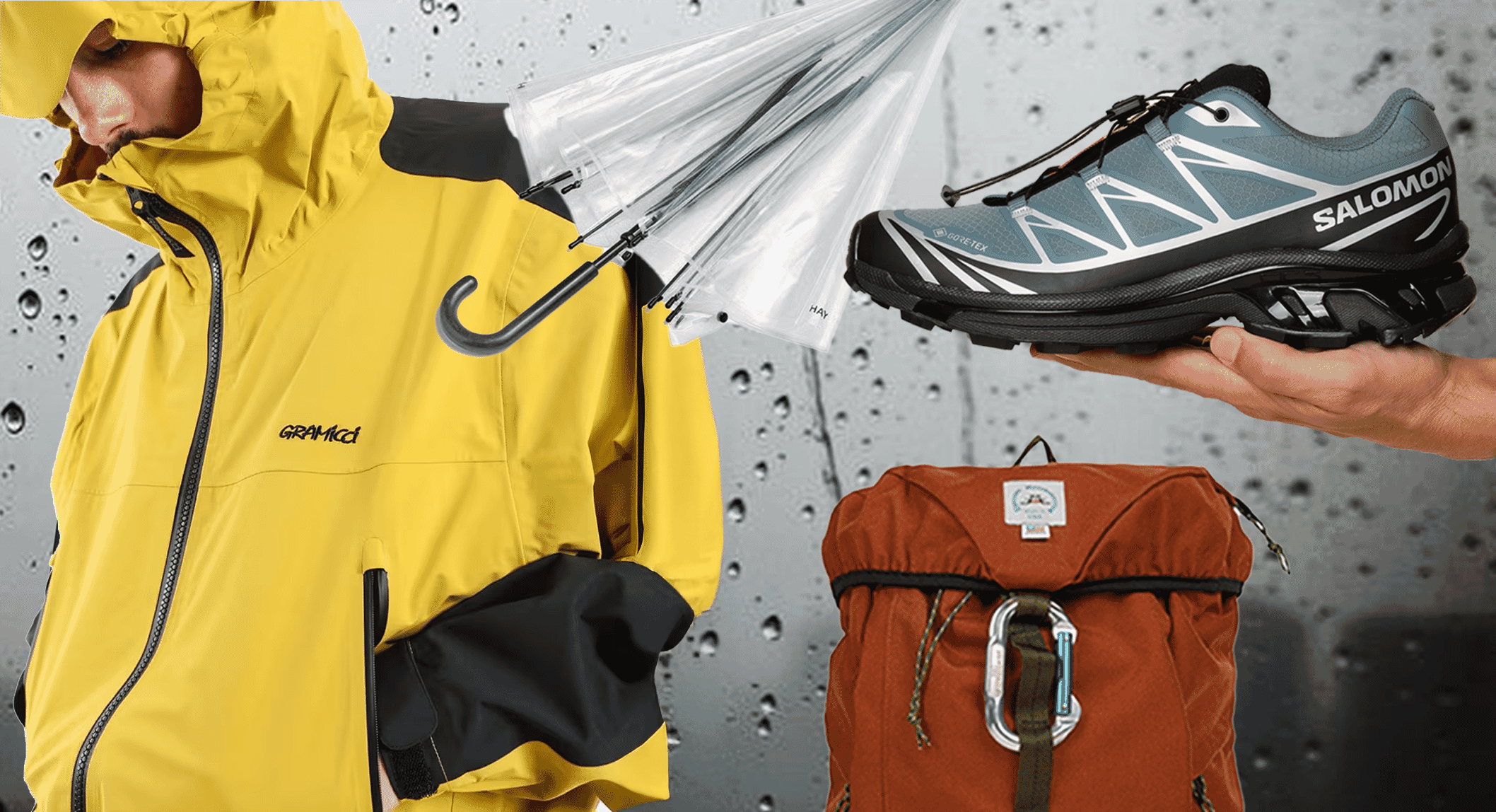 Collage of fashion items demonstrating the balance between bright yellow/orange and neutral black/gray.