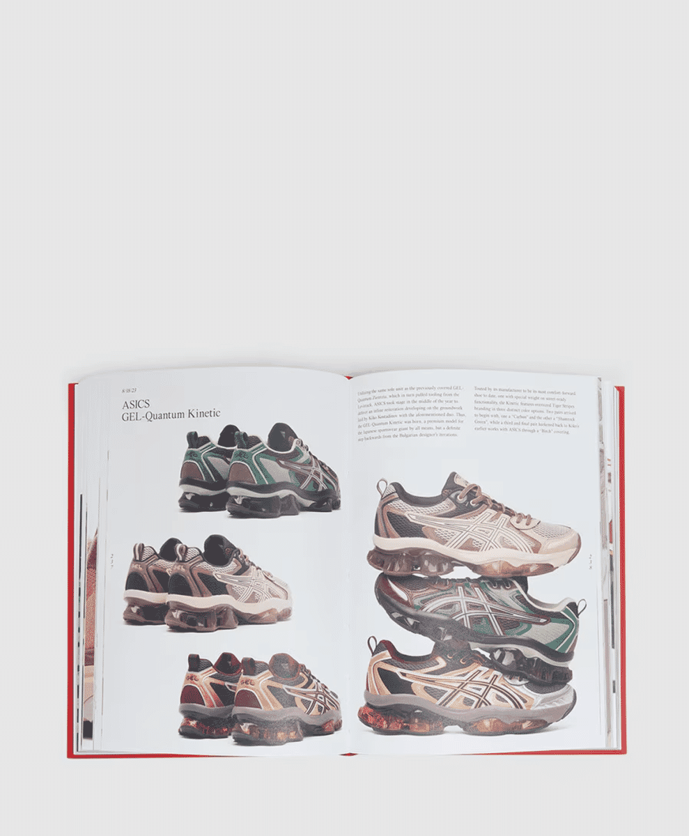 Open fashion book featuring ASICS sneakers and descriptive typography.