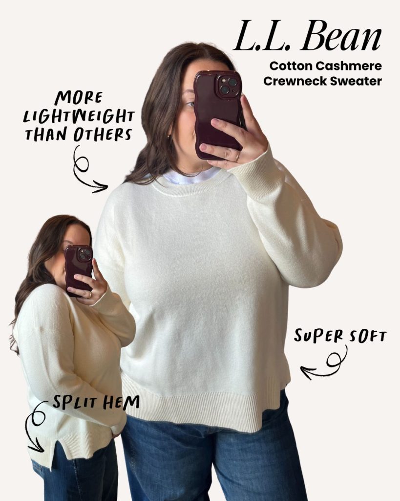 Lifestyle fit photo of the L.L. Bean cotton cashmere sweater.