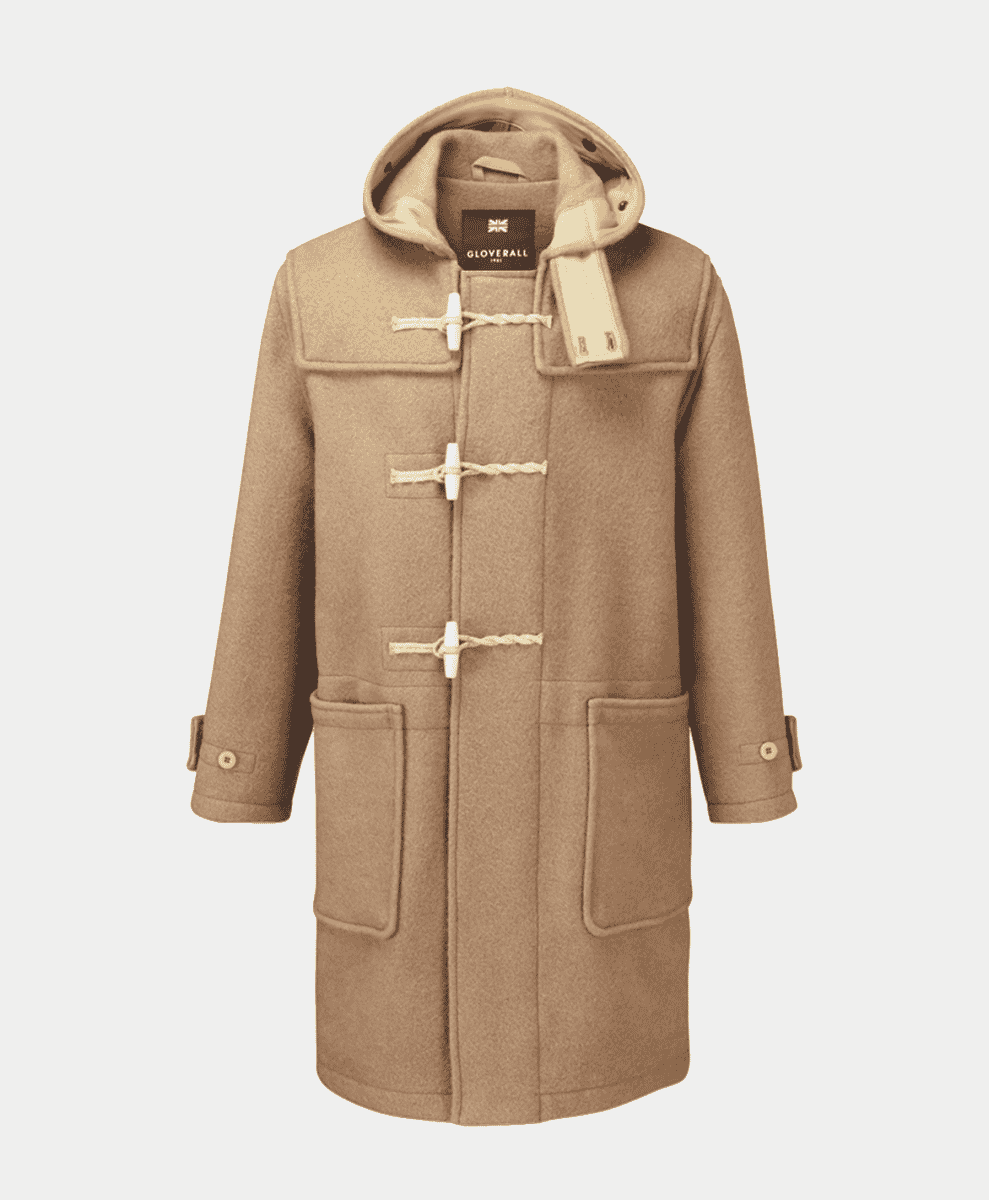 Beige wool duffle coat with hood and wood-and-rope toggle closures.