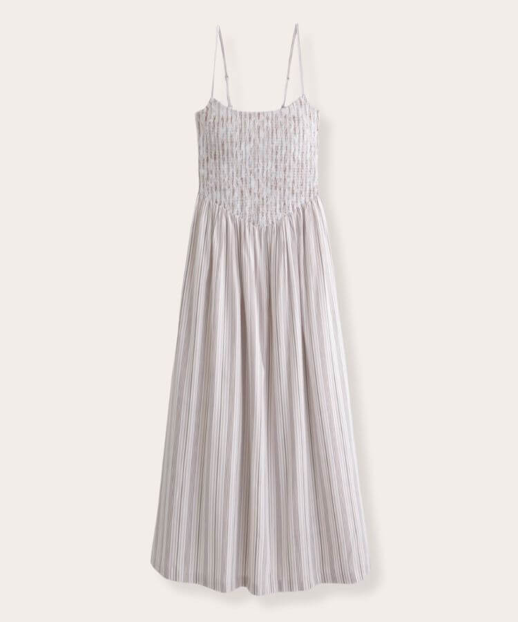 Abercrombie Dipped-Waist Smocked Midi Dress in a similar striped pattern