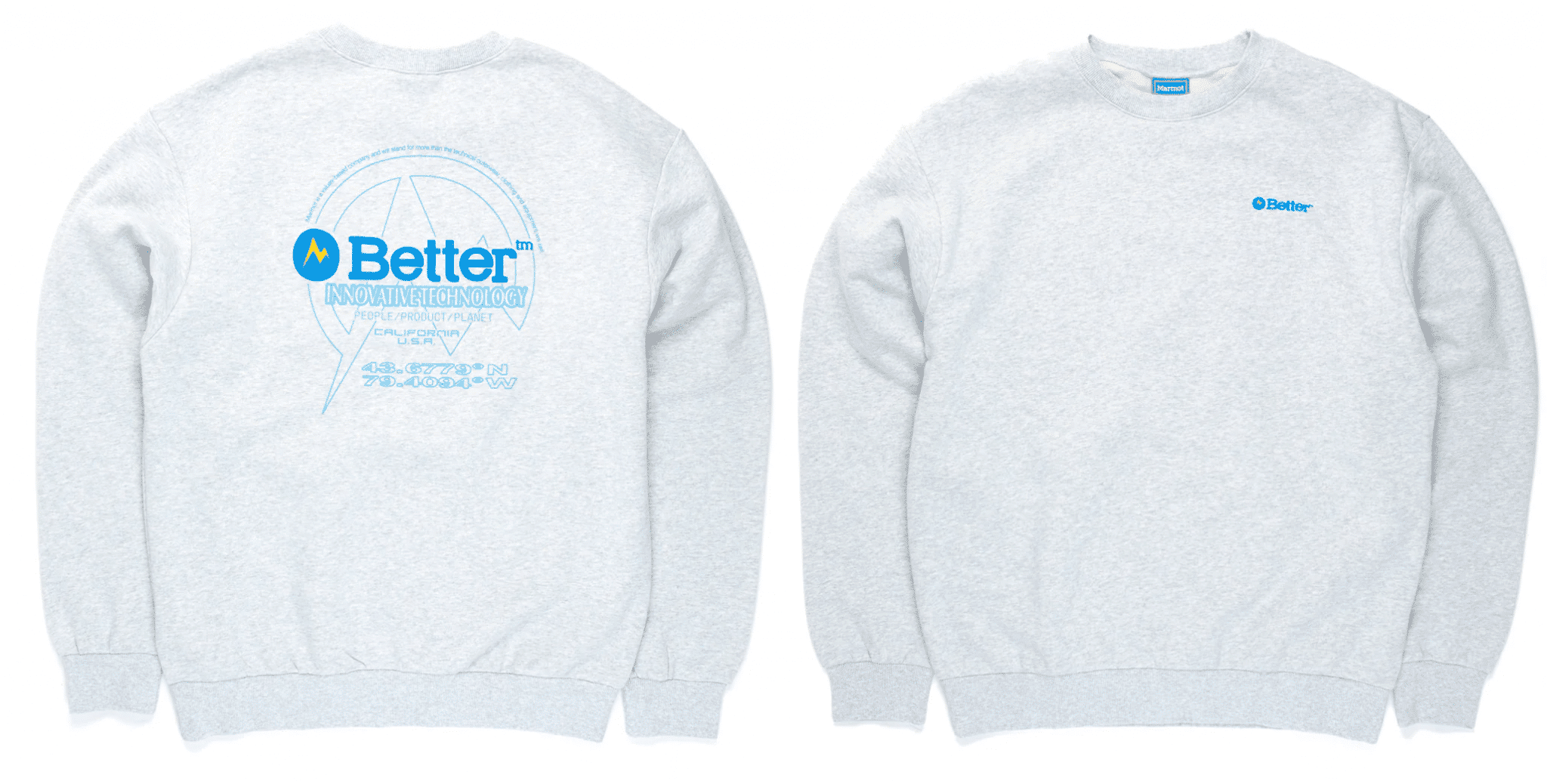Front and back views of a light gray sweatshirt with blue puff-print 'Better' branding.