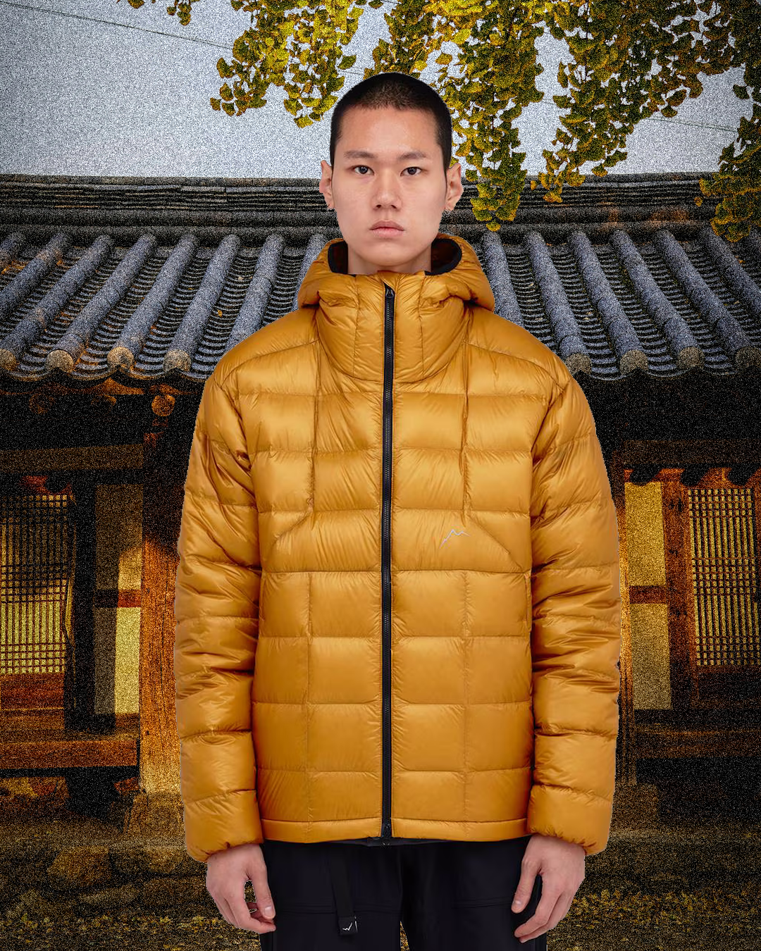 Man in a mustard-yellow quilted jacket standing in front of a Korean hanok.