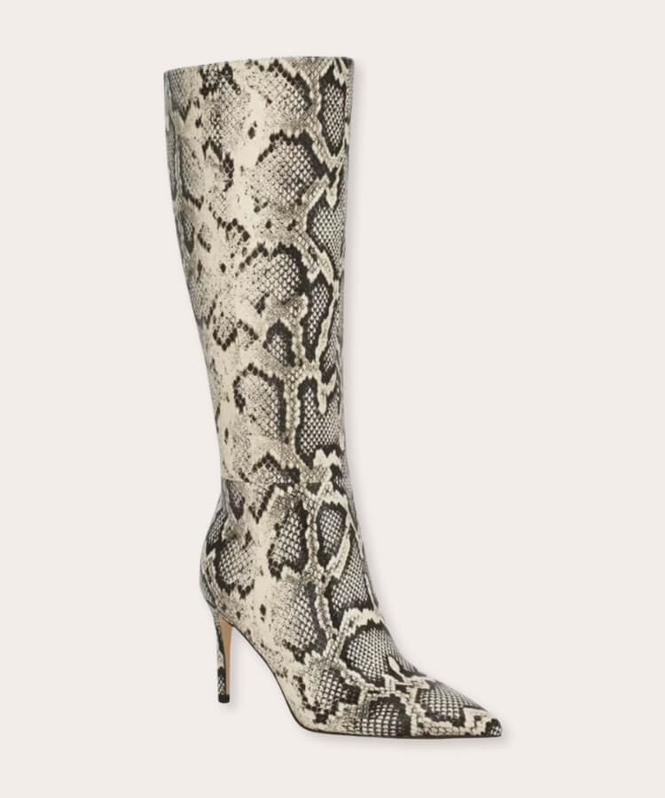 Nine West tall boots in a grey and taupe snakeskin finish.