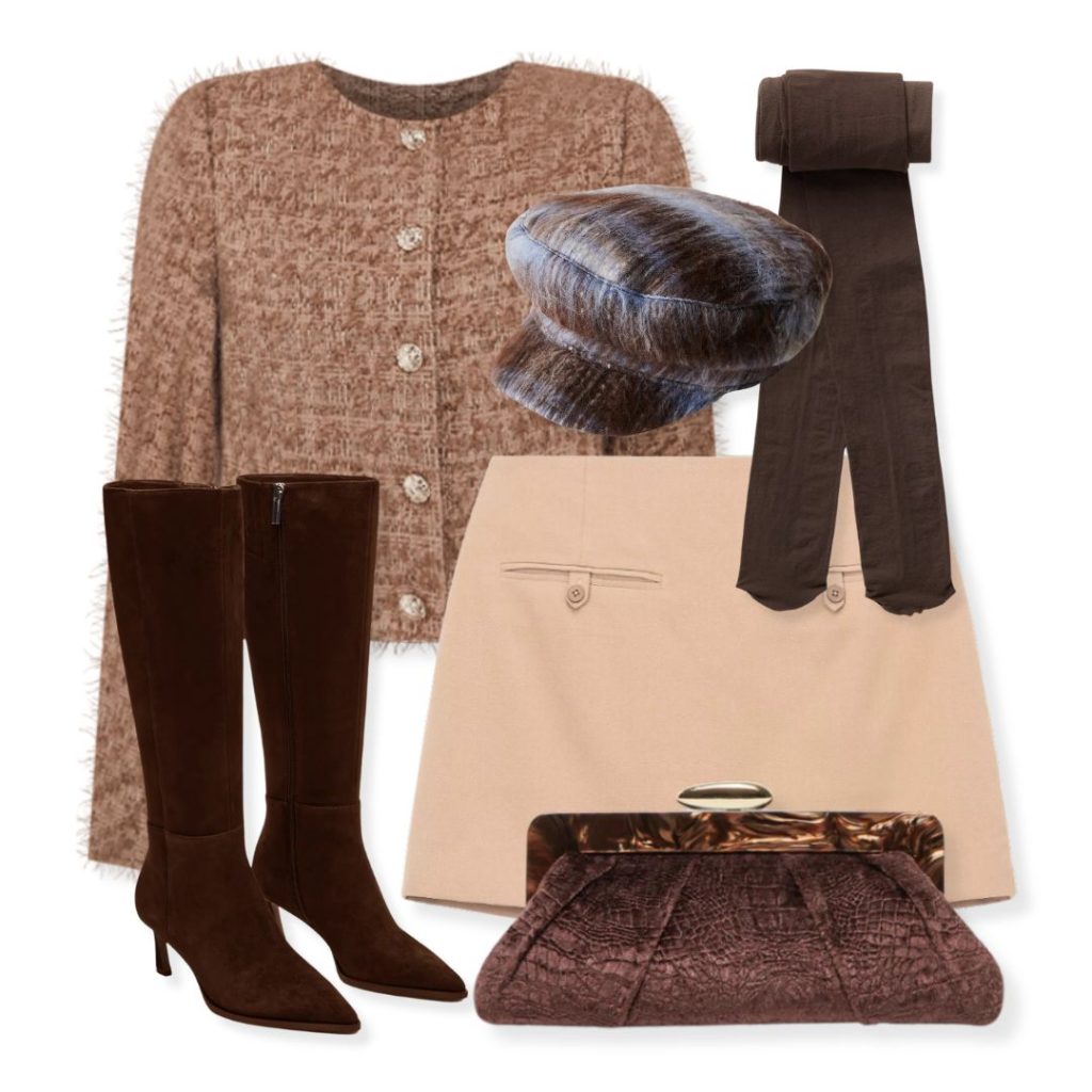 A woman wearing a tan tweed jacket, a camel-colored skirt, and high-heeled suede boots.