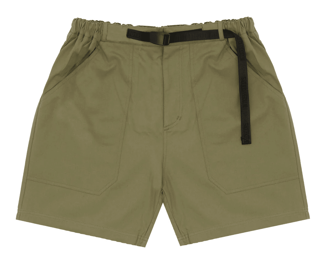 Olive green men's cargo shorts with an elastic waistband and integrated black adjustable belt.