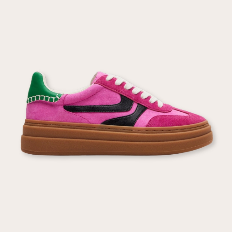 Detailed view of Steve Madden Dodge multi-colored pink sneakers.