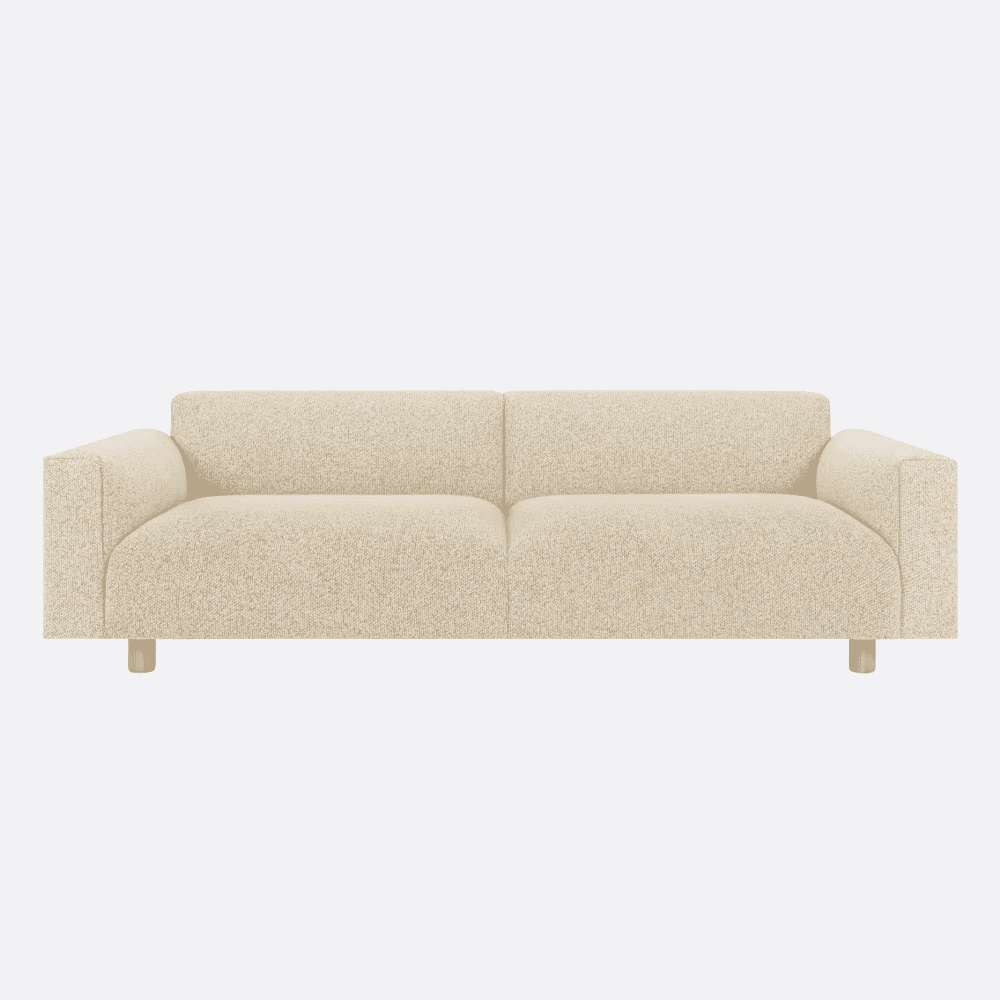 Modern beige sofa with two seat cushions and low-profile wooden legs on a plain background.