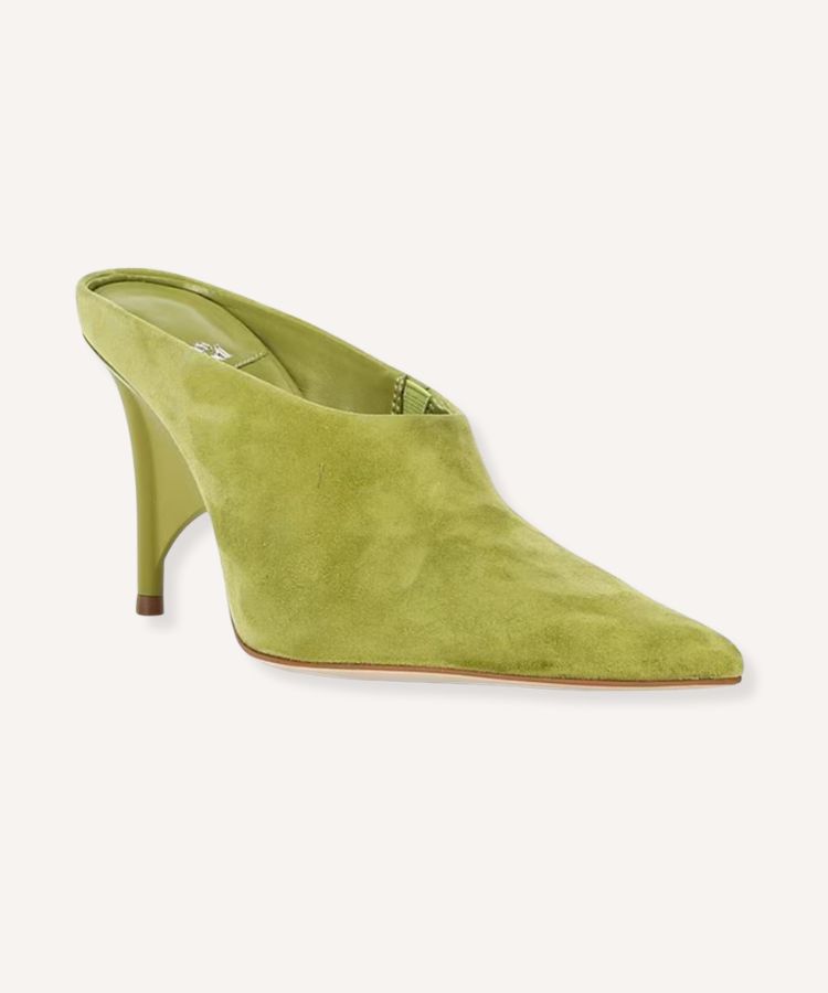 Suede mules with a unique sculpted heel in a bright chartreuse hue.