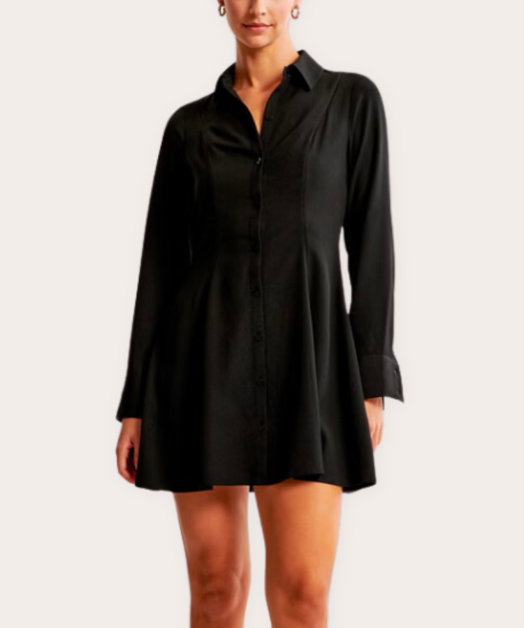 A long-sleeve collared shirt dress in a neutral color.