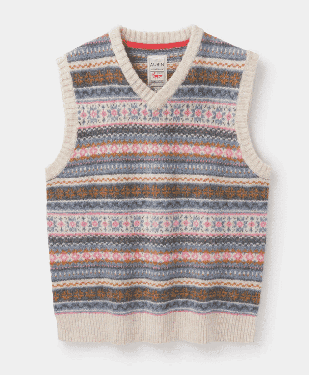 Cream V-neck knitted vest with colorful horizontal Fair Isle patterns.