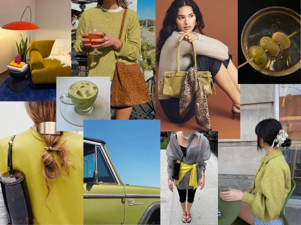 A mood board collage featuring various chartreuse fashion items, street style looks, and textures.