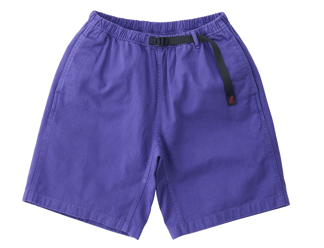 Purple casual shorts with an elastic waistband and a small red logo patch.