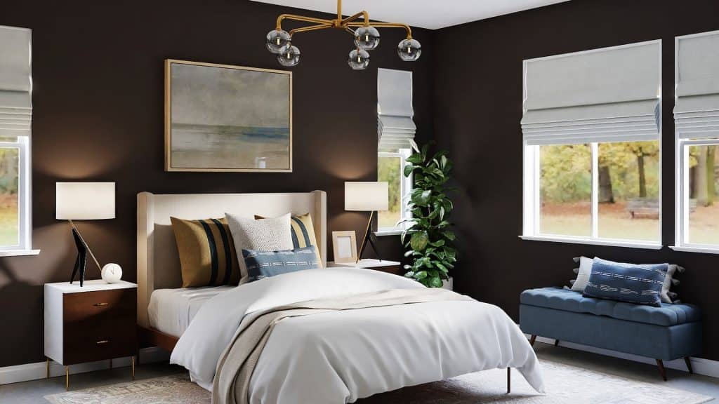 Modern bedroom with dark brown walls, neutral bedding, and a blue tufted bench.