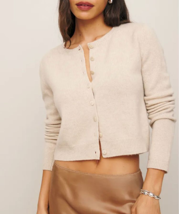 Soft cream cashmere crew cardigan from Reformation.