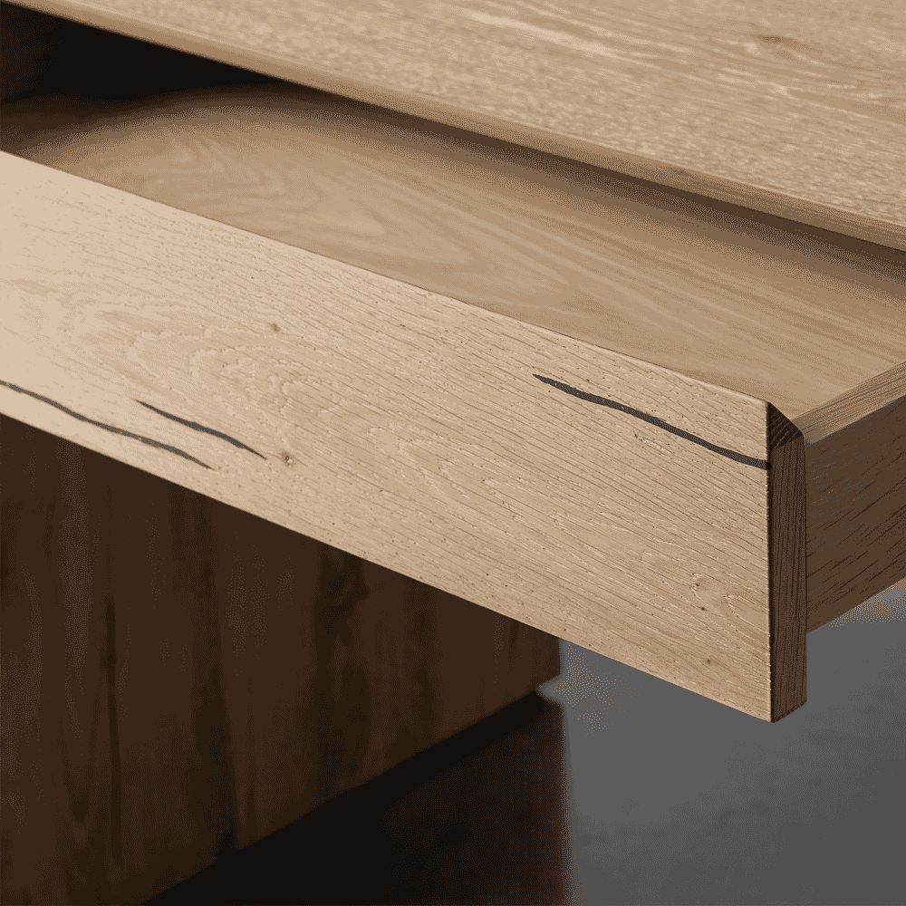 Close-up of light-toned wooden drawer grain and minimalist joinery.