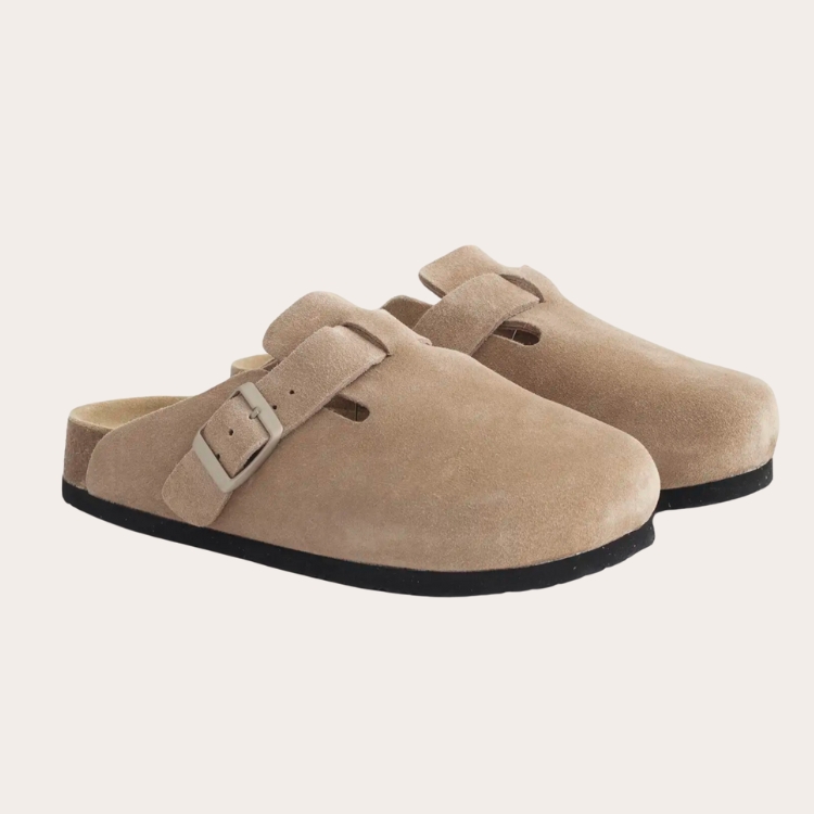 Quince Waterproof Suede Clogs in a classic tan color.