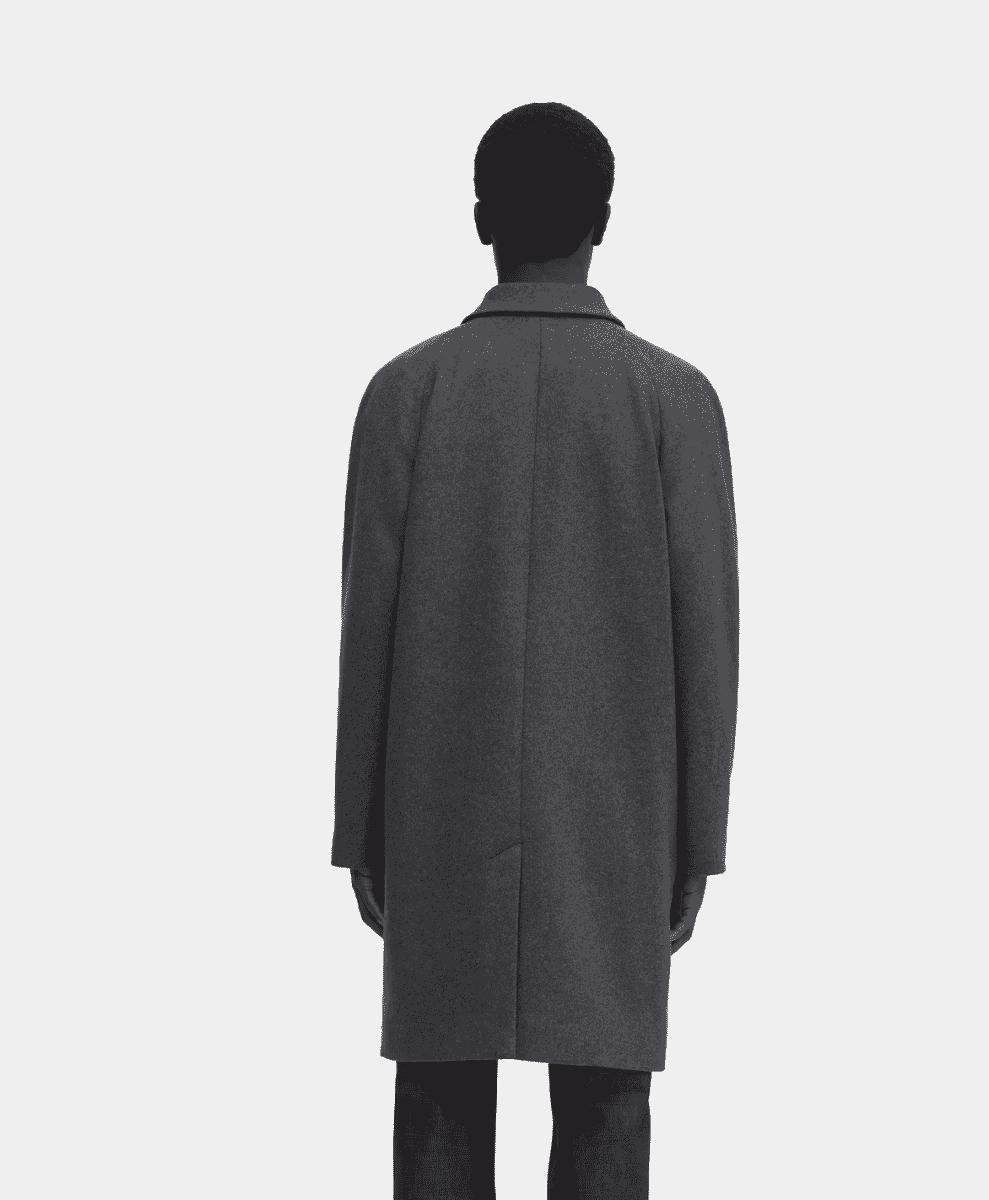 Back view of a knee-length dark gray wool coat showing the straight cut and drape.