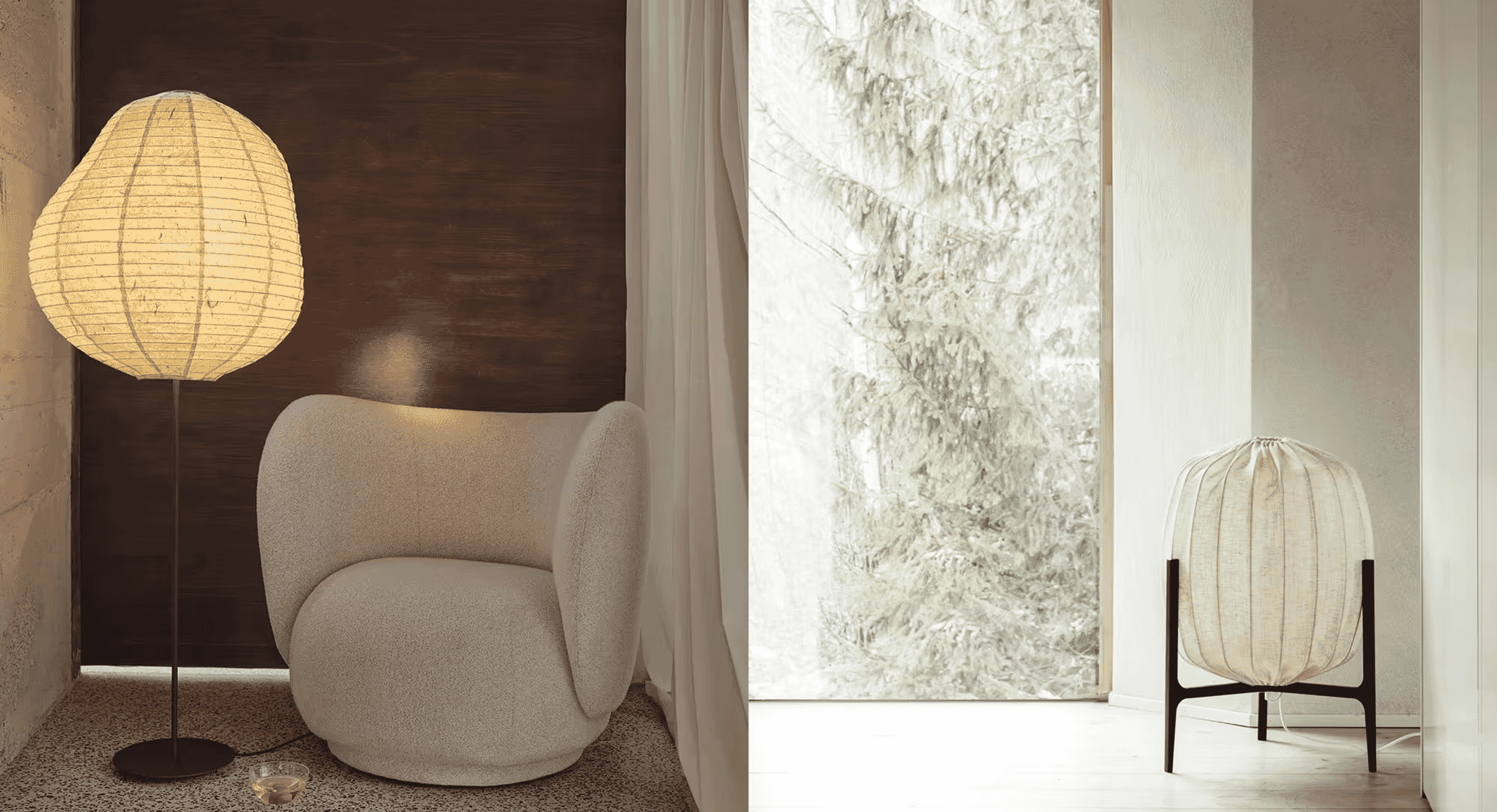 A modern interior featuring a paper lantern floor lamp against a dark wood wall and a second lamp near a snowy window.