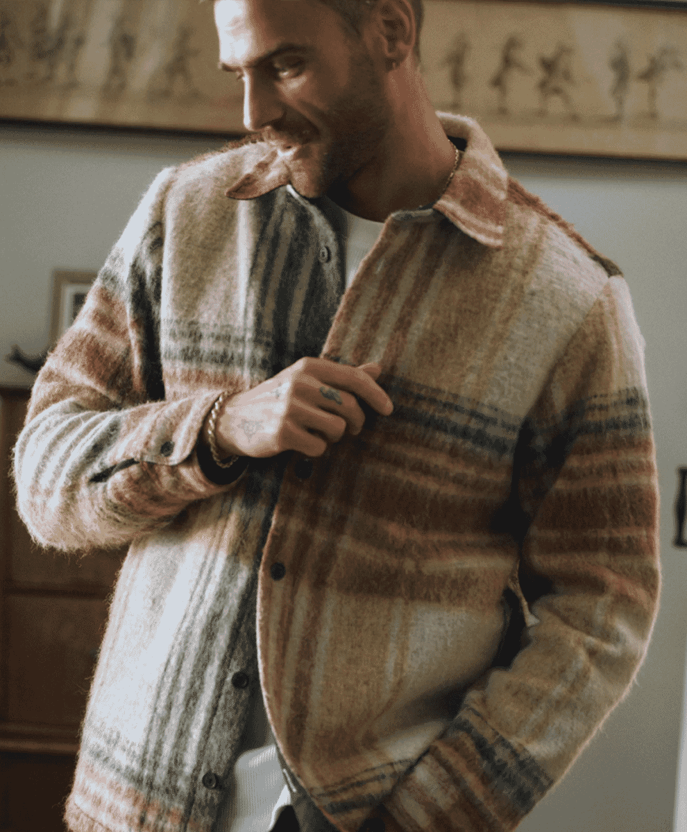 A man in a brown-toned plaid wool jacket adjusting his collar.