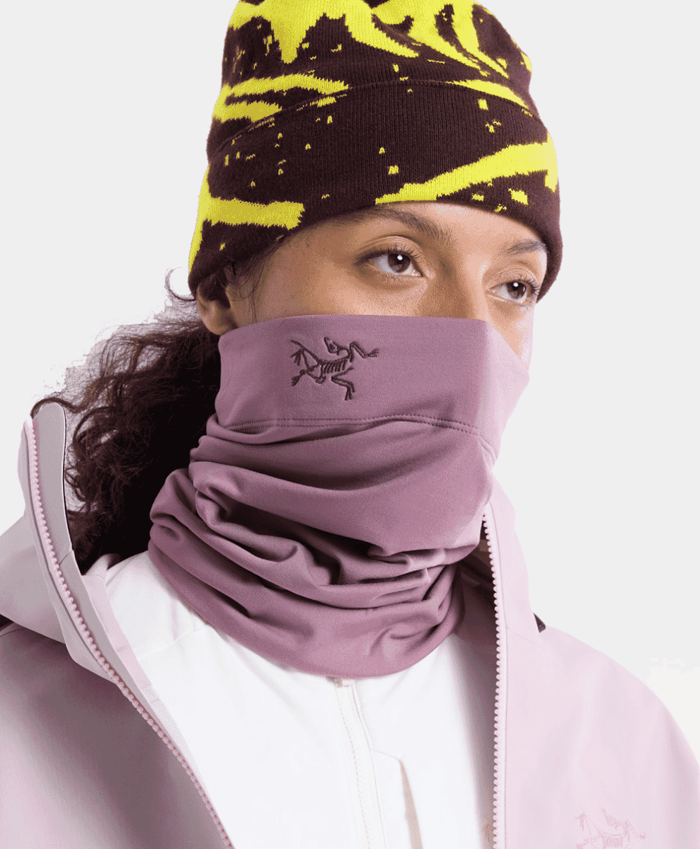 Person wearing a patterned beanie and a mauve Arc'teryx face gaiter.