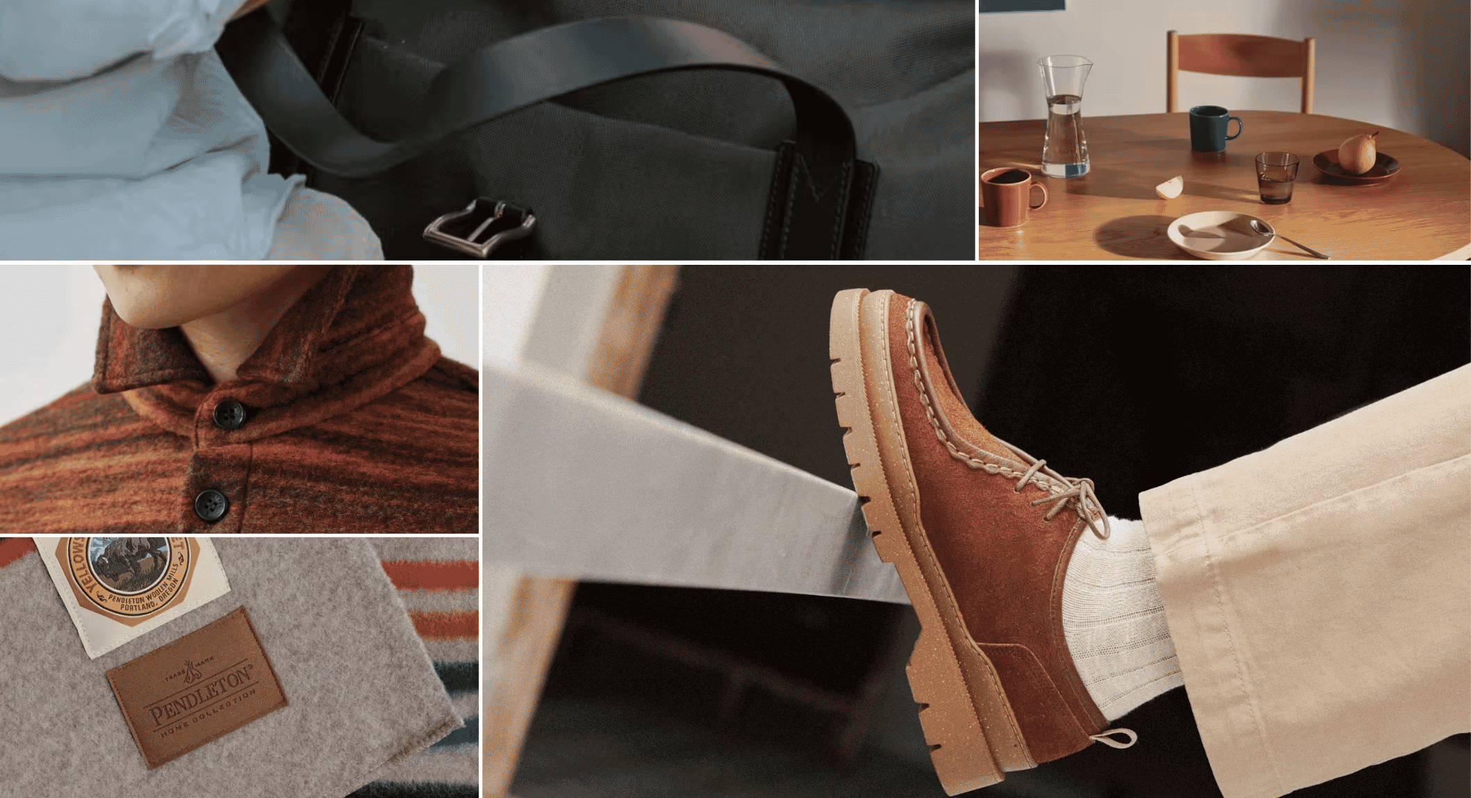 A texture-focused collage featuring a wool coat, leather duffel, and autumn lifestyle accessories.