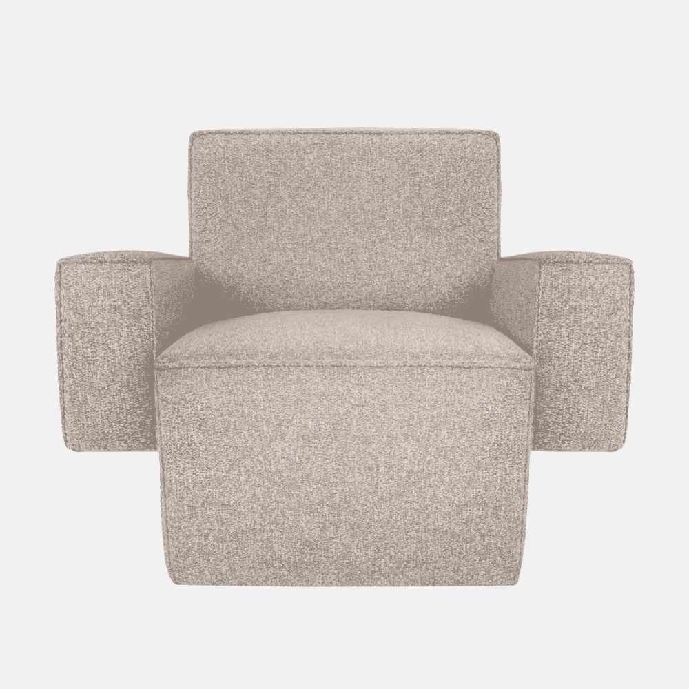Modern beige textured fabric armchair with blocky, geometric design.