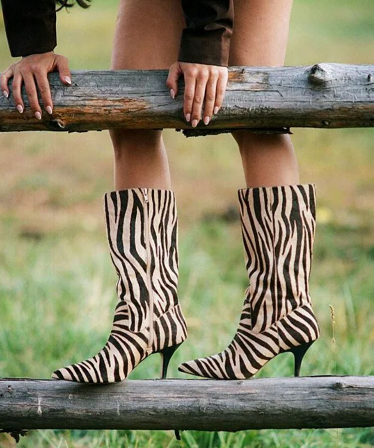 Hasley Zebra Print Haircalf Boots with a pointed toe.