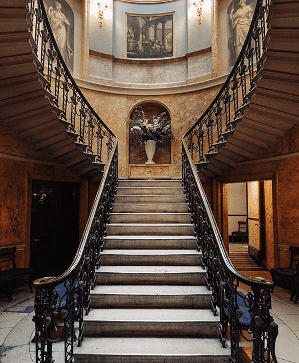 A grand marble staircase with intricate wrought iron railings in a classical mansion.