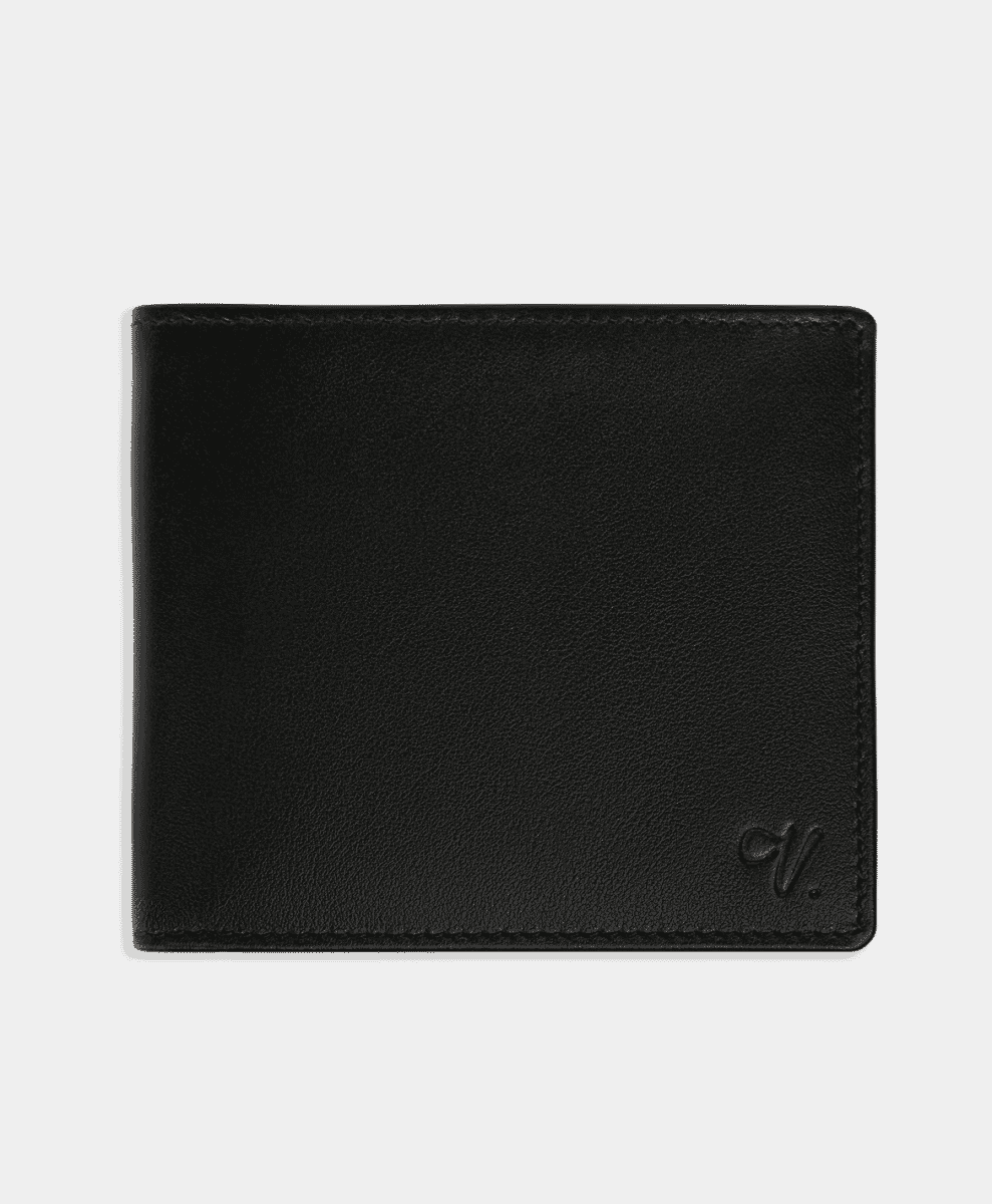 Sleek black leather bifold wallet on a white background.