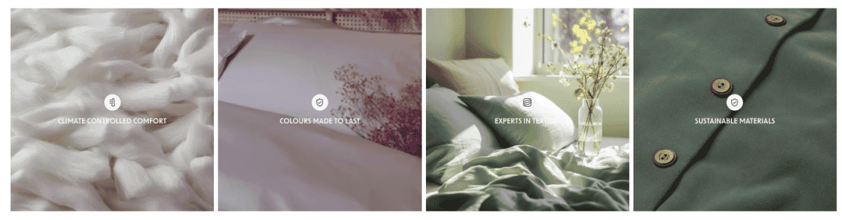 Lifestyle collage of sustainable textiles, climate-controlled bedding, and expert craftsmanship details.