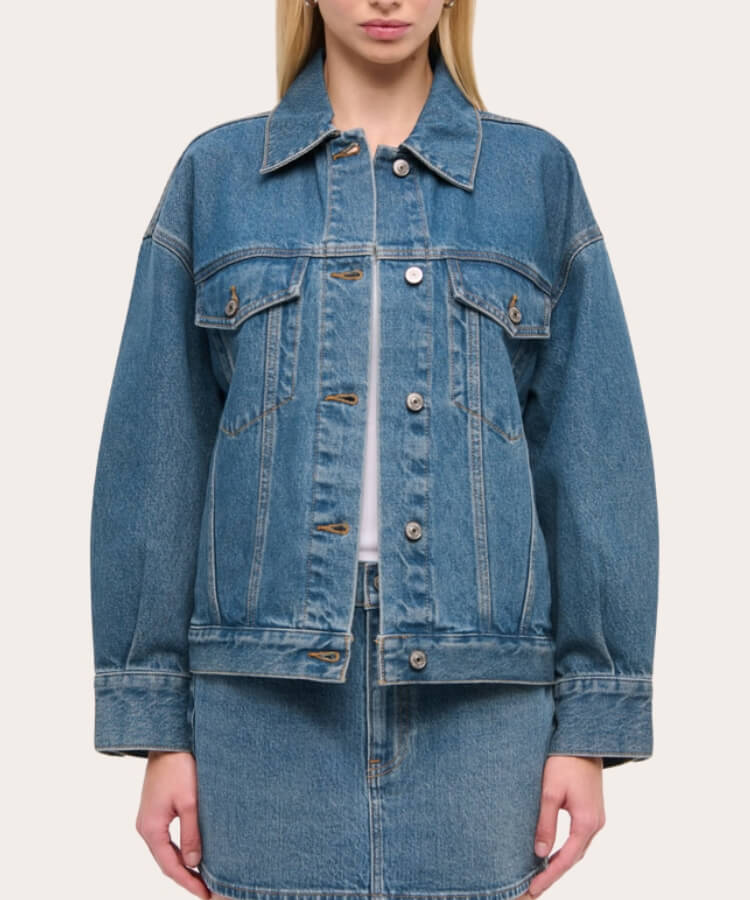 Oversized medium-wash denim jacket.