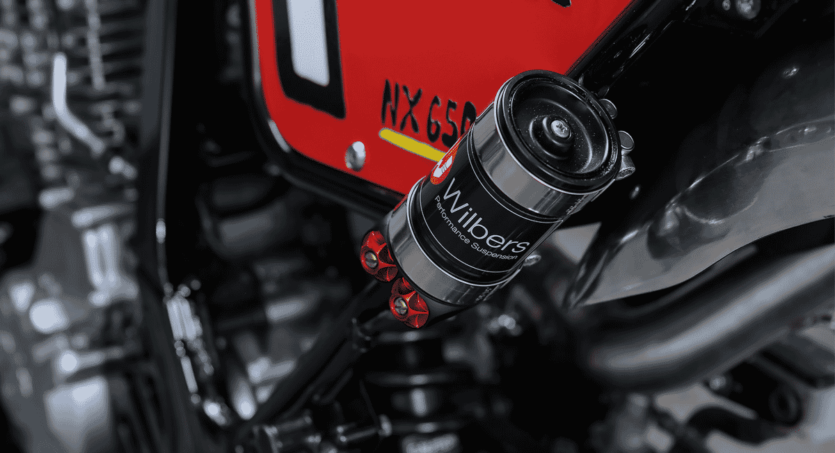 Detail shot of the Wilbers performance suspension shock on the custom Honda build.