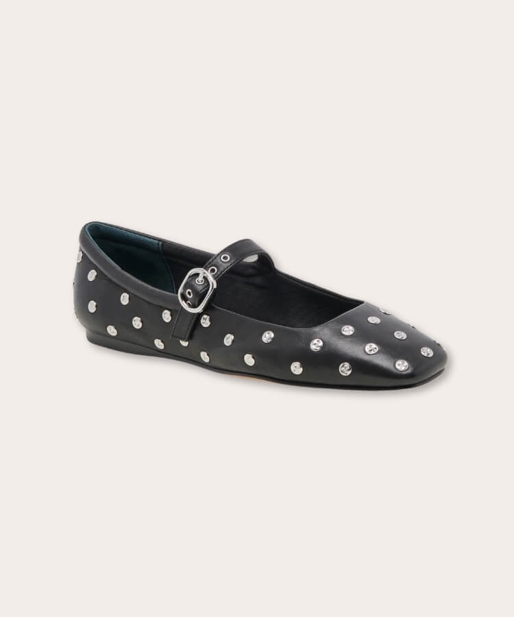 Black studded ballet flats with ankle detailing.