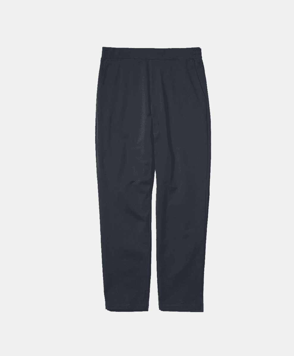Flat lay of dark navy cropped sweatpants with an elastic waistband.