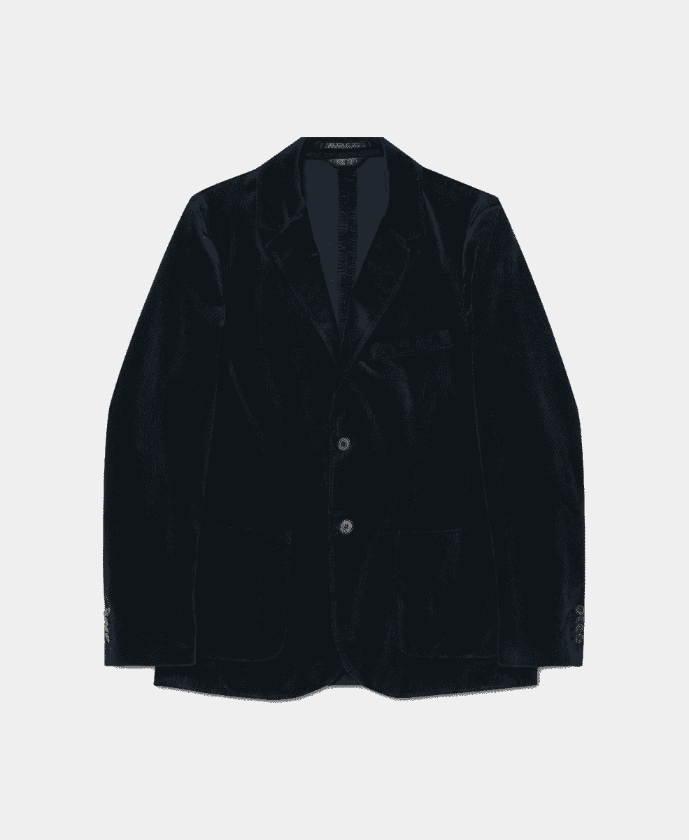 A dark navy velvet blazer with a rich, soft texture.