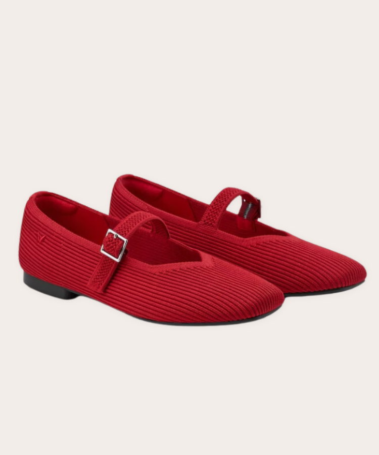 Red square-toe Mary Jane shoes.