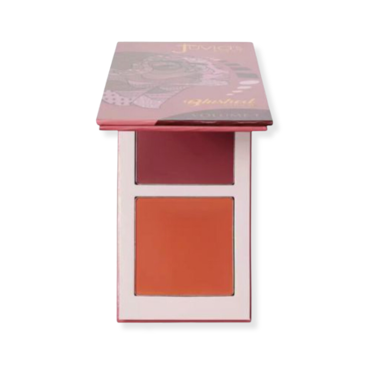 Juvia’s Place Blush Duo Vol. 1 featuring deep terracotta and apricot tones.
