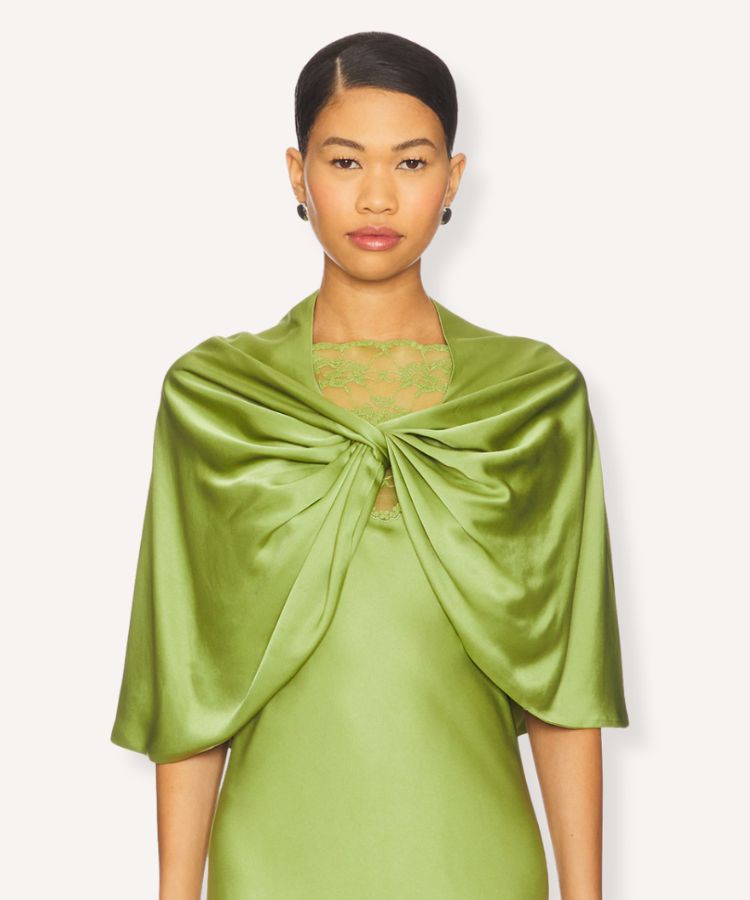 A unique scarf-style knit top in chartreuse.