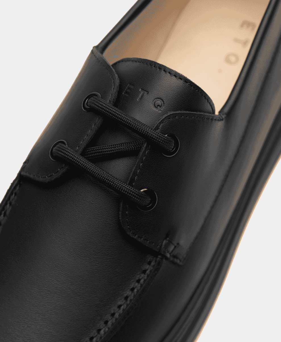 Close-up of textured laces and stitching on a black leather boat shoe.