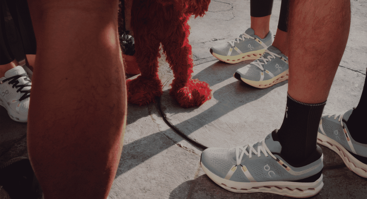 Runners in light blue On sneakers on a city street featuring an urban character.