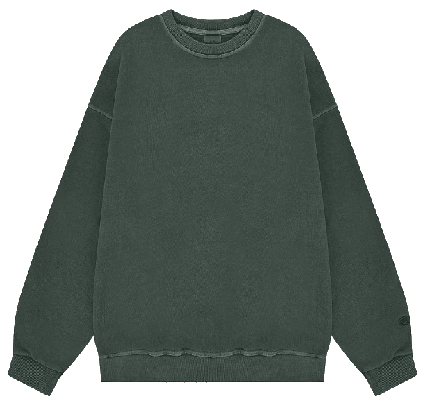 A dark olive green oversized sweatshirt with ribbed cuffs.