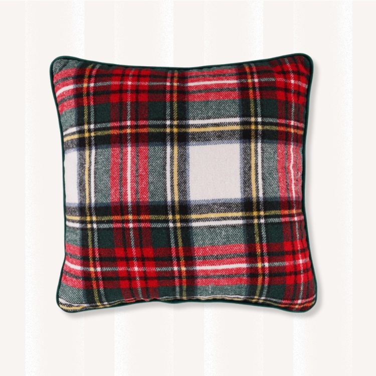 Traditional red and green plaid throw pillow.
