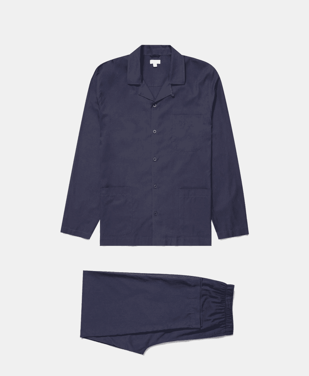 Flat-lay presentation of a navy blue long-sleeve pajama set with elastic waist pants.
